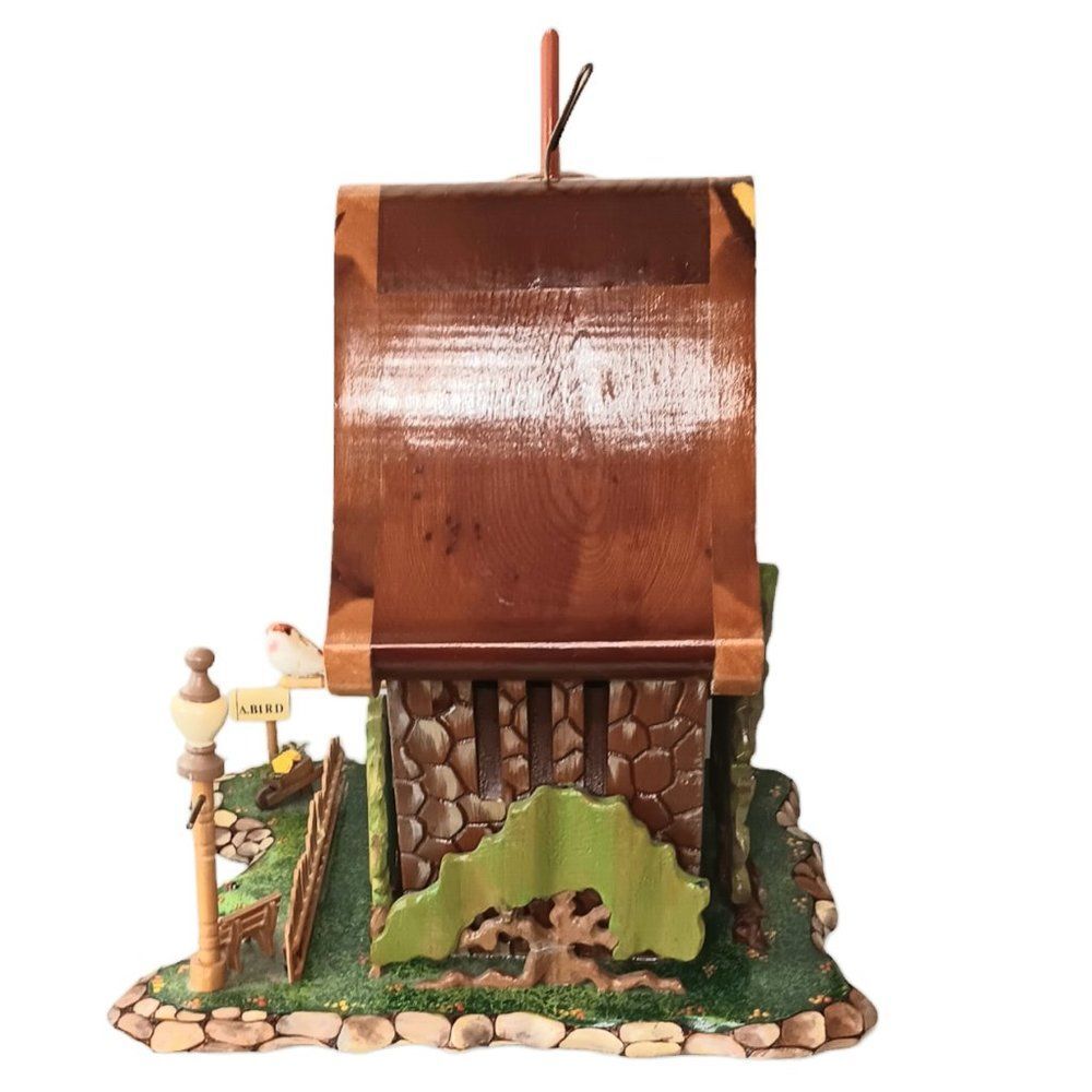 Whimsical Cottage Garden Bird Feeder Wood Carved and Hand Painted Gnome Fairy - Picture 4 of 15